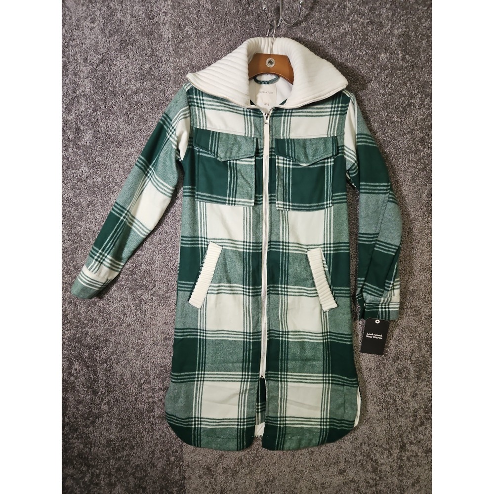 Ultra Flirt Green & Cream Plaid Long Flannel Full Zip Shacket Women's XXS